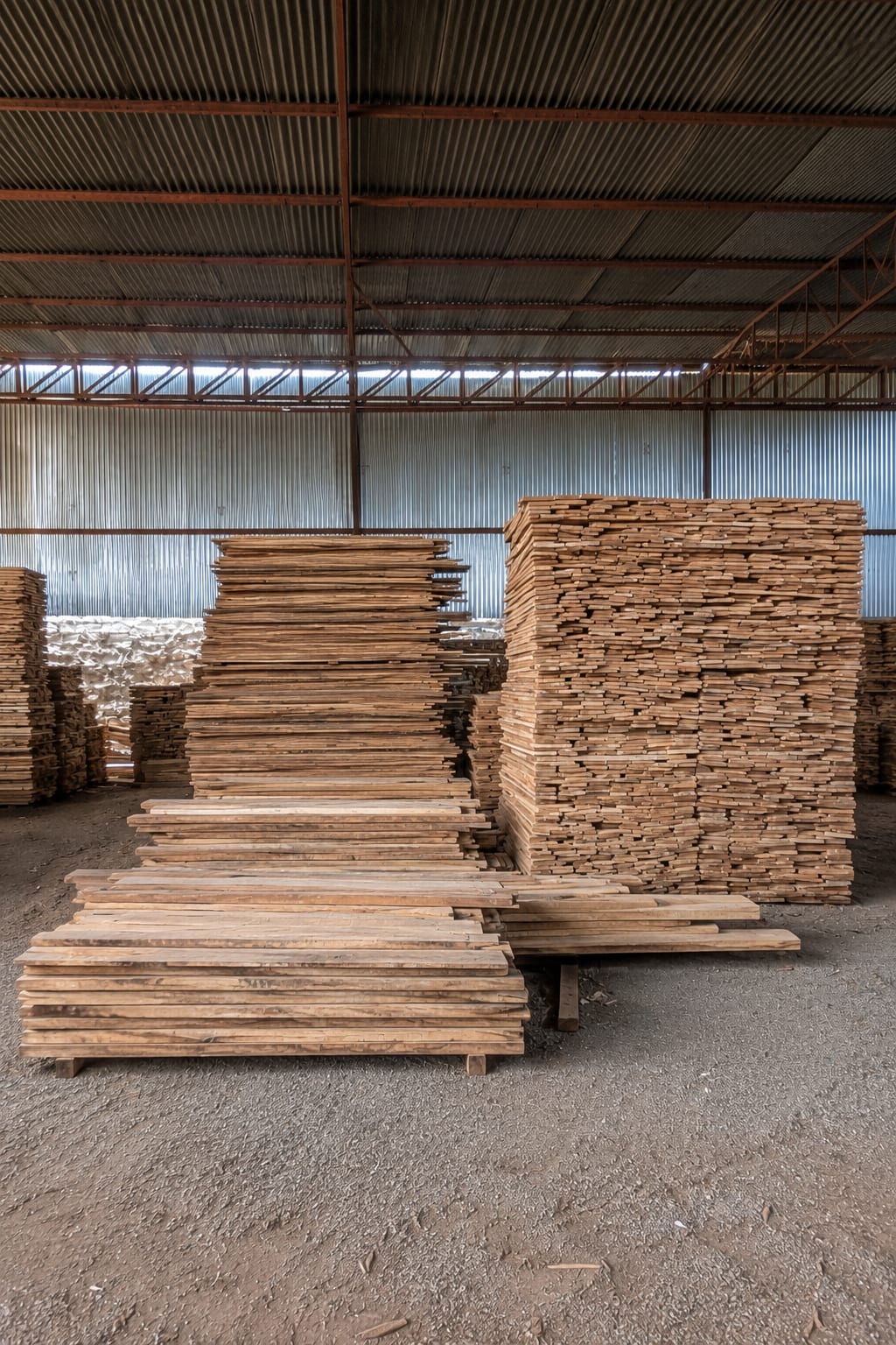 Timber stacked in the Jamun workshop — raw material before the making.
